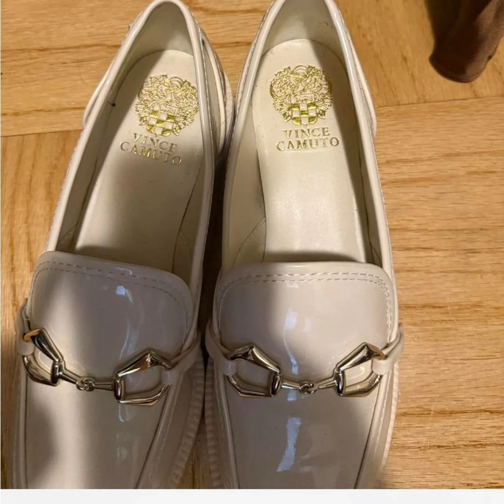 Vince Camuto Cream Patent Leather Horsebit Loafers